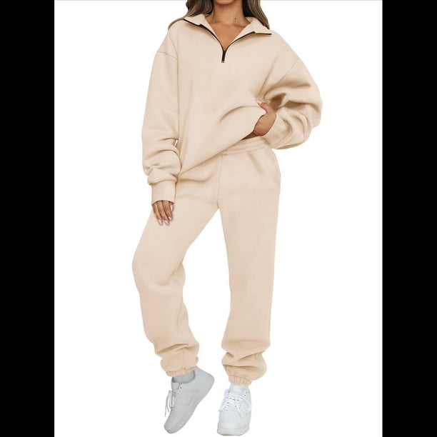 Conjuntos de Dos Piezas para Mujer: Jersey de Larga con Media Cremallera y Pantalón Deportivo Holgado con Bolsillos. Albaricoque XXL