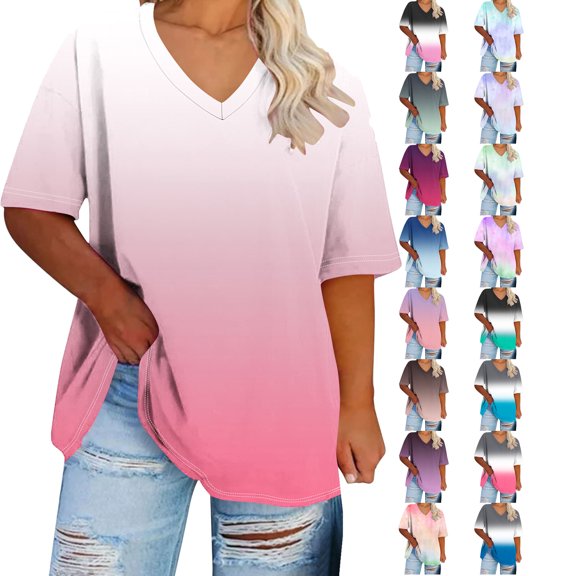 Xunlbb Summer Tops Women's Fashion Oversized V-neck Short Sleeved Solid Base Shirt Sports T-shirt Short Sleeve T Shirts Loose Blouses