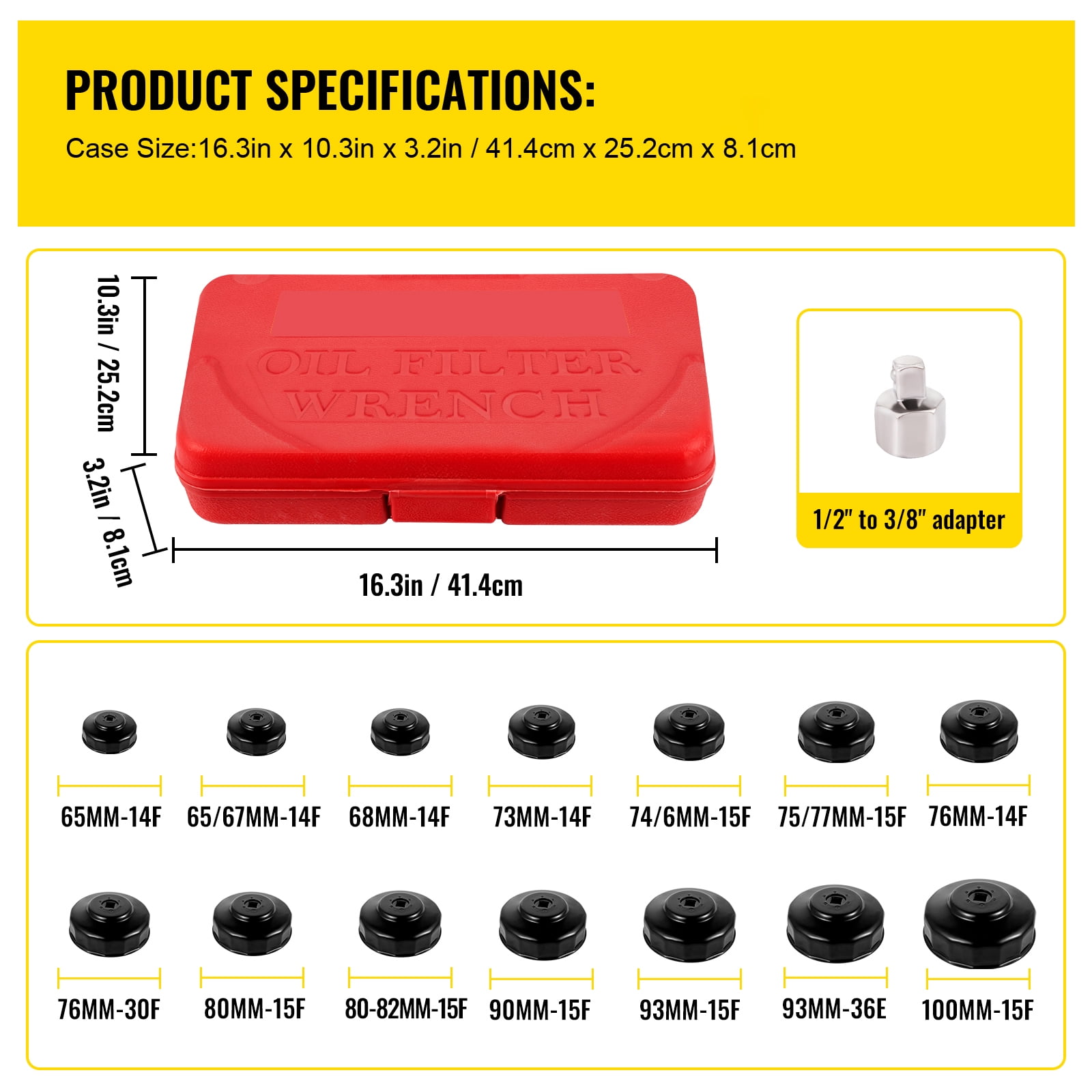 VEVOR Oil Filter Socket Set 14 Pcs Oil Filter Wrench Set, Sturdy Steel Oil Filter Socket 3/8" Oil Filter Socket, Low Profile Oil Filter Socket Set For Easy Access, Oil Filter Wrench Cap Set w/ Case