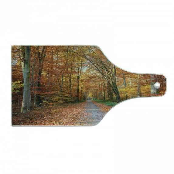 Fall Cutting Board, Pathway Covered Fallen Leaves Through Autumn Forest Vibrant Trees Print, Decorative Tempered Glass Cutting and Serving Board, Wine Bottle Shape, Orange Yellow Green, by Ambesonne