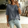 thumbnail image 7 of Womens Tops Elbow Length Sleeve Tshirts for Women Crew Neck Solid Color Button Summer Fall T-Shirts, 7 of 7