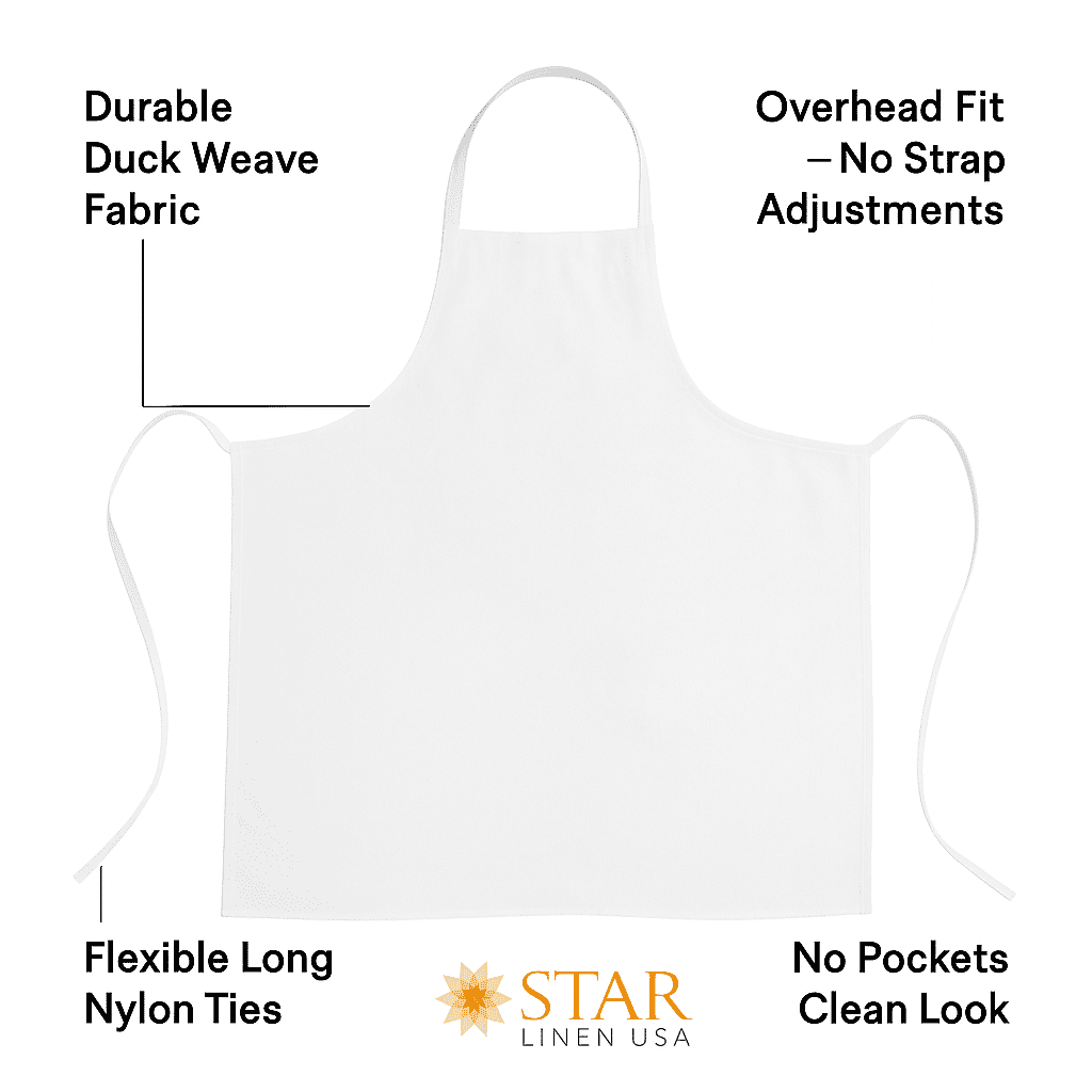 34" x 36" White Bib Apron Without Pockets, Duck Weave Cotton-Poly Blend, Unisex, Long Tie (12)