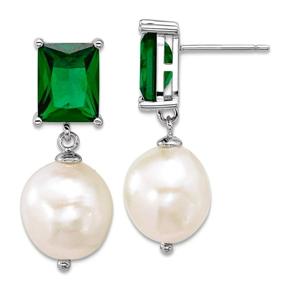 925 Sterling Silver Rhod 9-11mm Freshwater Cultured Pearl Green Cubic Zirconia Post Long Drop Dangle Earrings 27x10.6mm