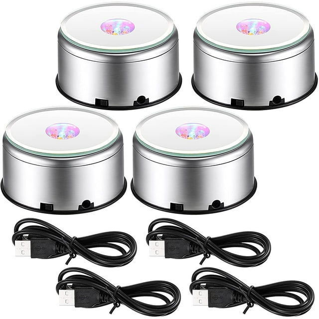 Jetec 4 Pcs 7 LED Light Base Rotating Display Stand Turner Colorful Rotating Crystal Display Base 360 Degree Display Spinner with USB Cable for Glass Art Crystals Jewelry Craft