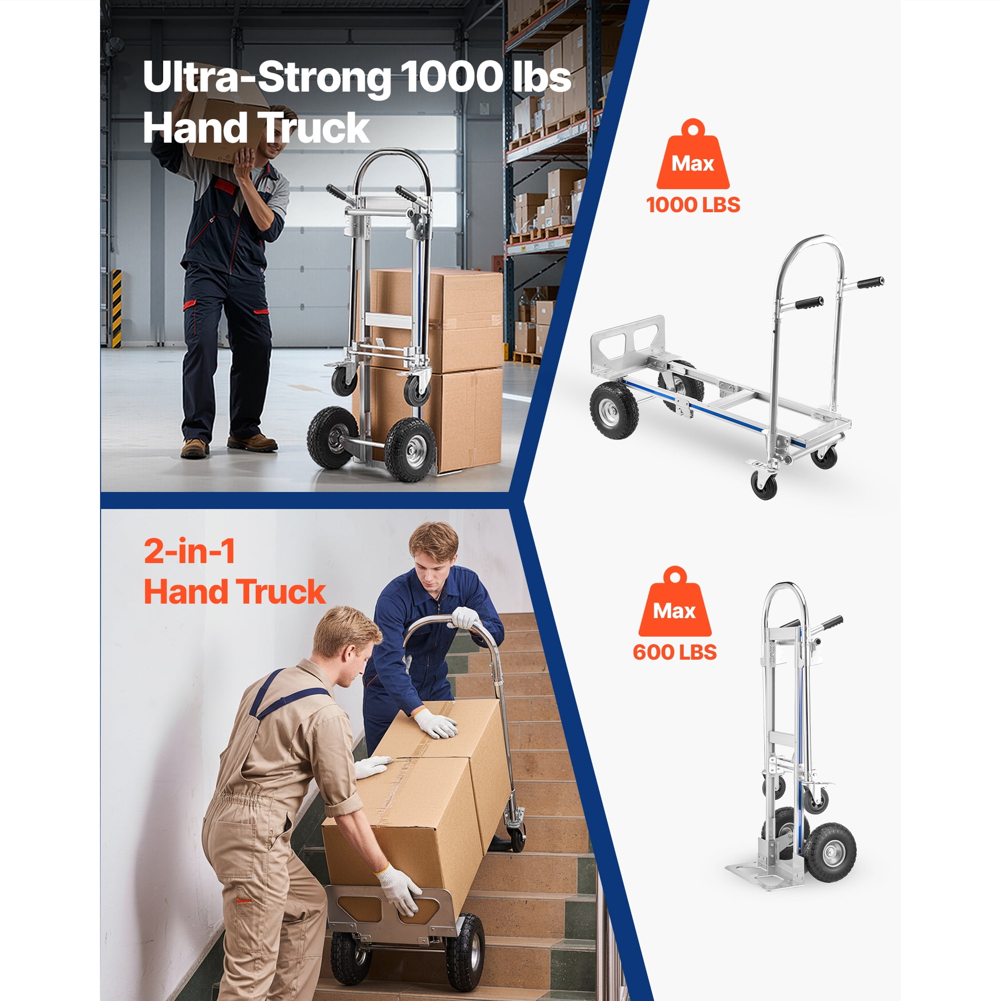 KFFKFF 2-in-1 Convertible Hand Truck, 1000 lbs Capacity for 4-Wheel Configuration, Heavy-Duty Dolly with Non-Slip Handle & Durable Wheels, Versatile Cart for Home, Warehouse, and Supermarket Use