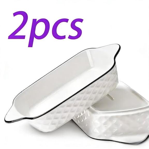 2-Pack Ceramic Baking Dishes with Handles, White Rectangular Bakeware Set with Black Trim, Non-Stick Oven Safe Baking Pans for Casserole, Lasagna, Brownie & Kitchen Cooking