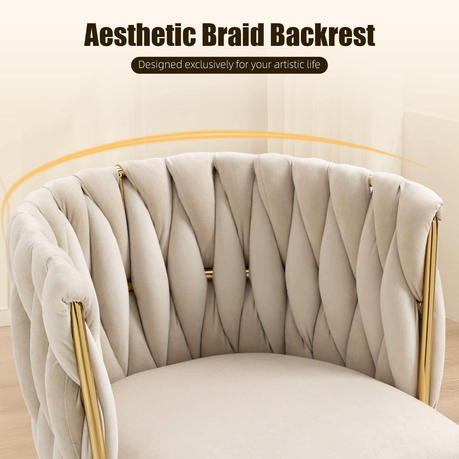 MOONMISS Velvet Upholstered Tufted Wood Frame Side Dining Chair with Golden Legs（set of 2）-Ivory