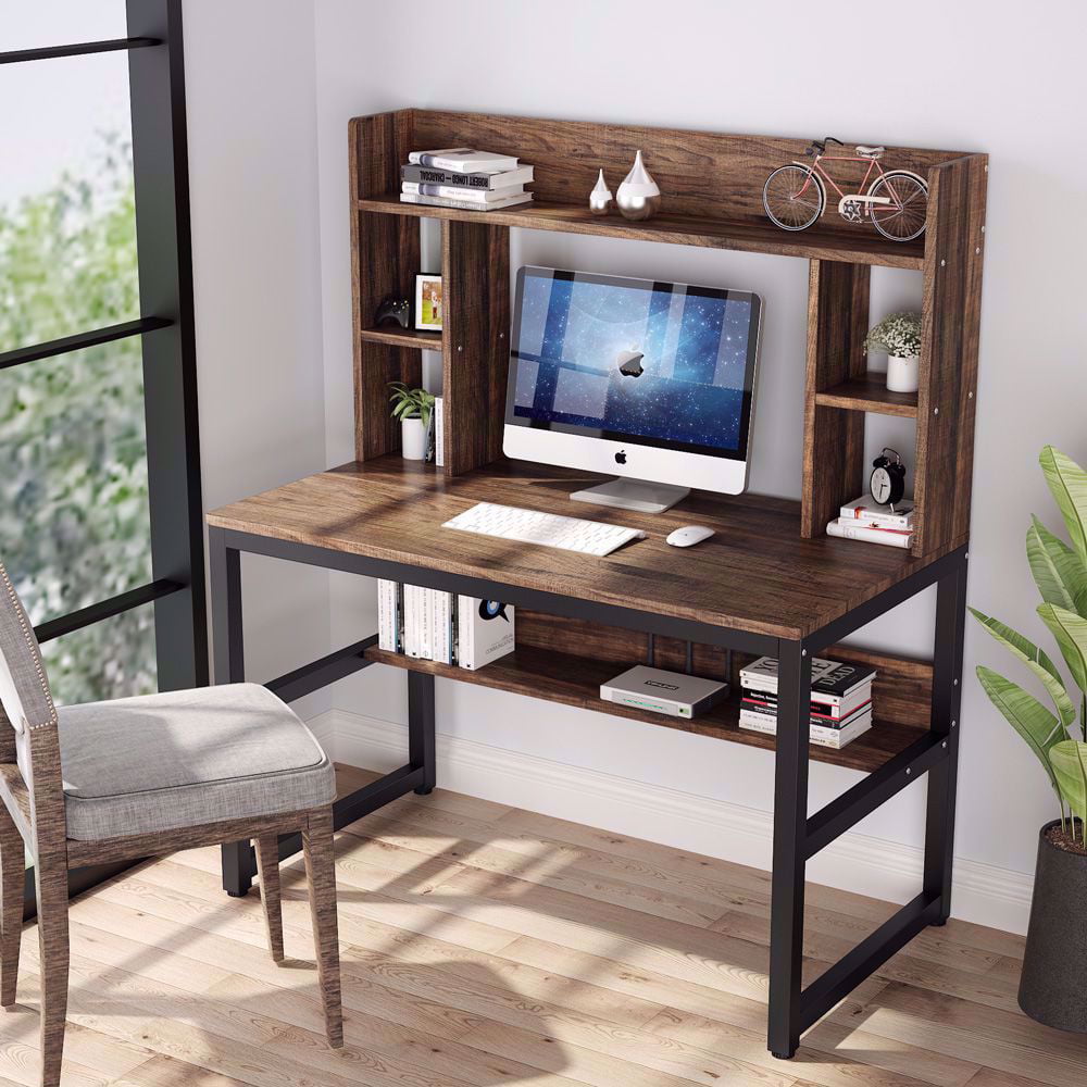 Modern Home Learning Desk Workstation Black Computer Desk With Storage Shelves 