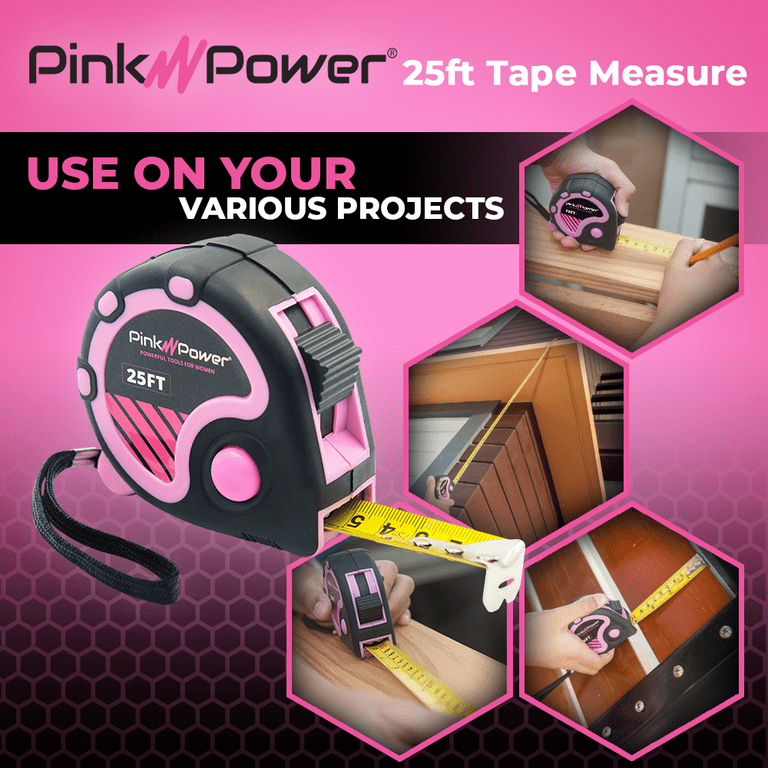 Pink Power 25ft Pink Lightweight Tape Measure for Womens Tool Kit with  Retractable Blade and Lock Button 