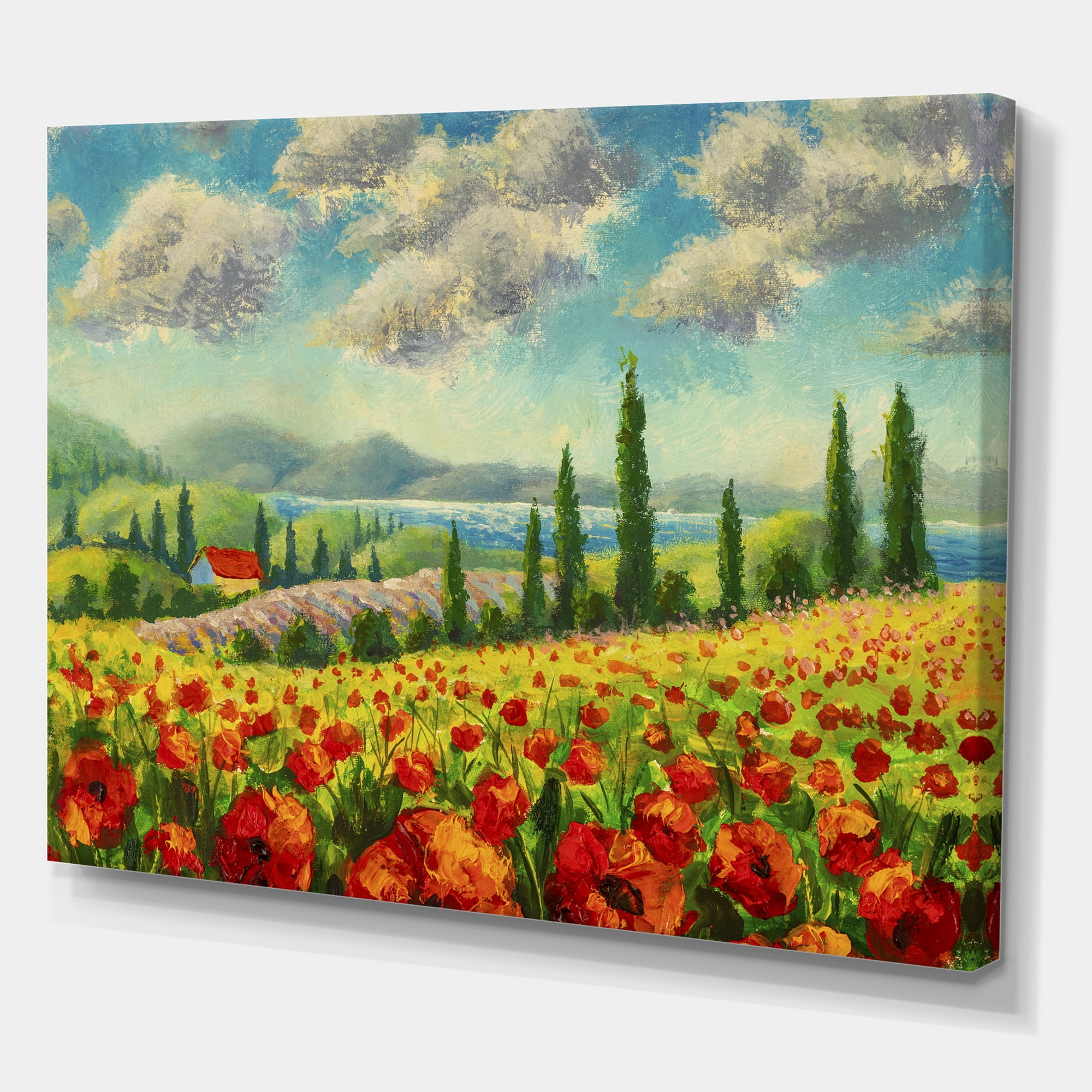Designart ' Beautiful Landscape With Poppies Flowers By Riverside ' Traditional Canvas Wall Art Print