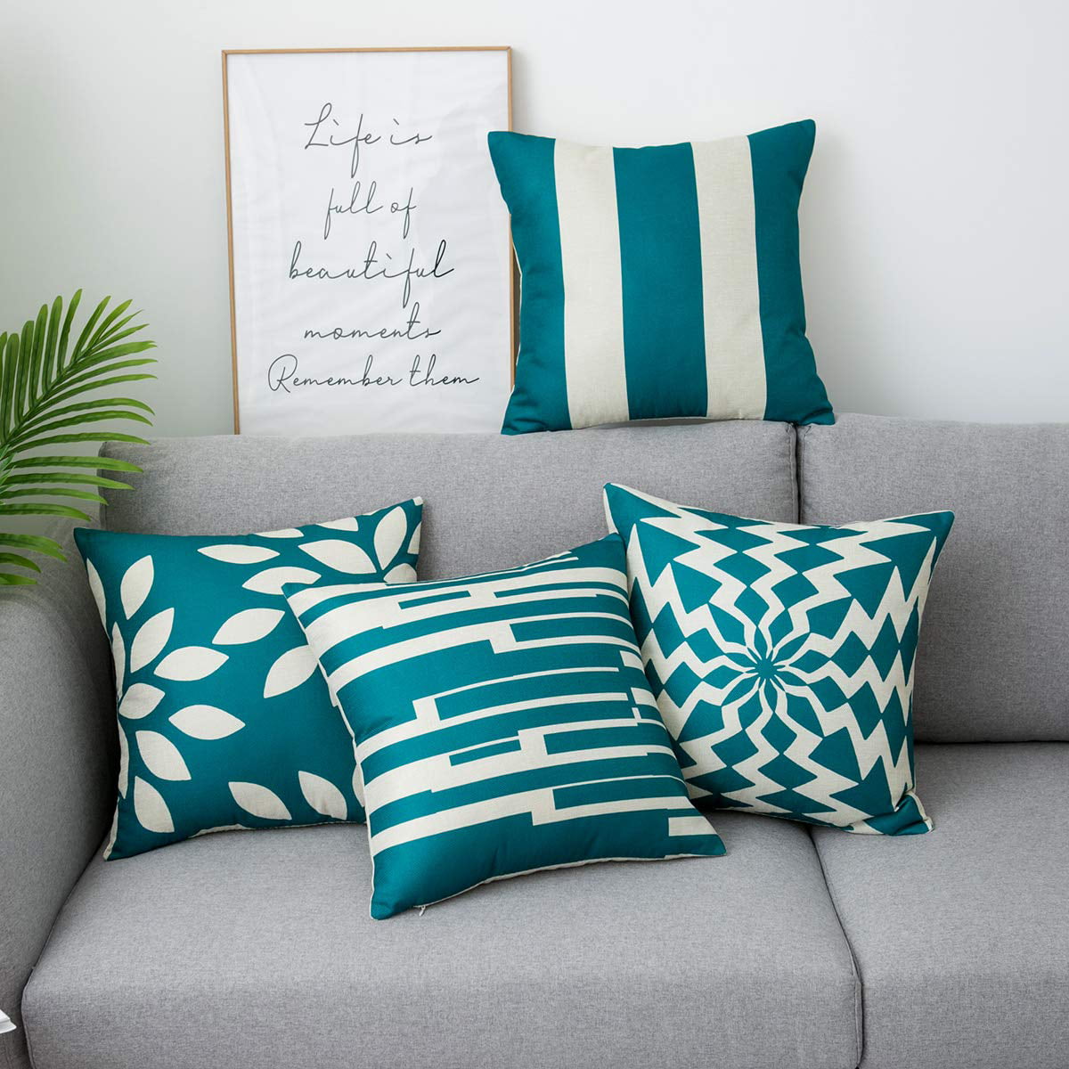 Wendana Teal Throw Pillow Cover Decorative Soft Square Geometric Style, ，4Pack Cushion Covers 18