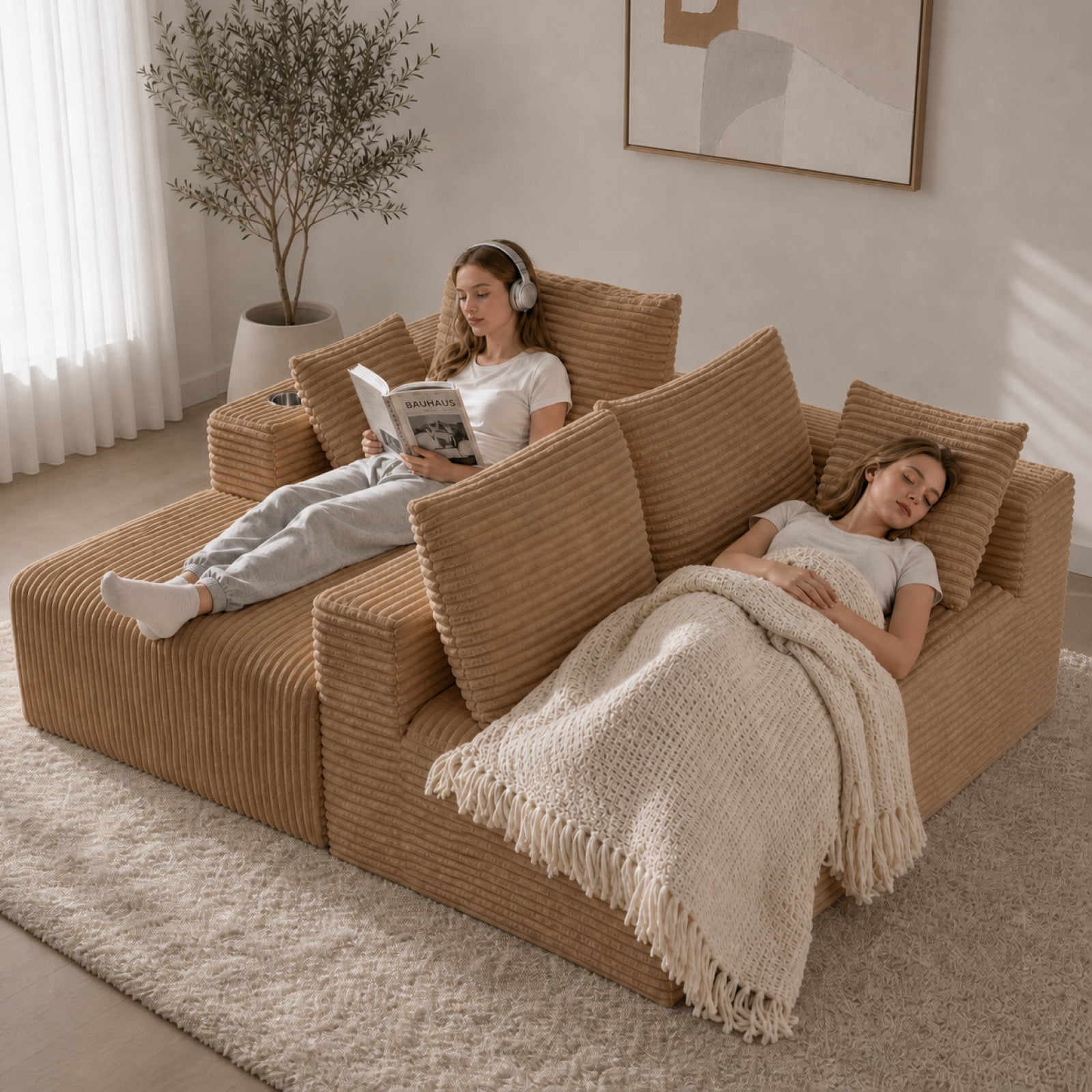 95'' Boneless L Shape Modular Sofa Couch with 4 Pillows and 2 Cup Holders