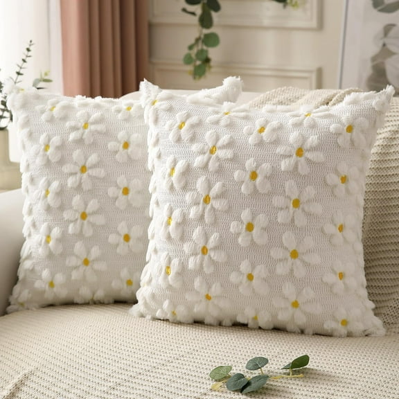 2Pcs Couch Throw Pillow Covers 18x18 in, White Daisy Soft Plush Faux Fur Decorative for Bedroom Sofa
