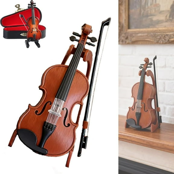Playable Tiny Violin Figurine, Miniature Musical Instrument with Sound and Sad Music, Wooden Miniature Violin with Stand for Home Decoration Display Ornament and Keychain Charm(3.15in)