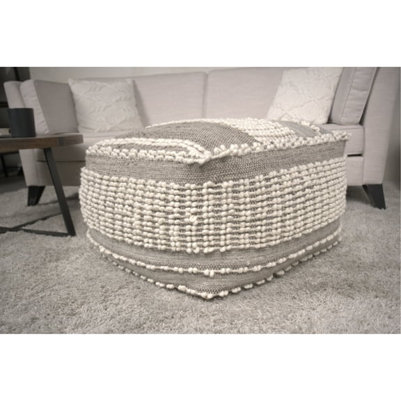 Cozy Rustic Large Pouf In Brown And Beige Wool & Cotton, , 26x26x16.5 Inches, Fully Assembled, Spot Clean, 75% Wool, 25% Filled With Beads Cotton