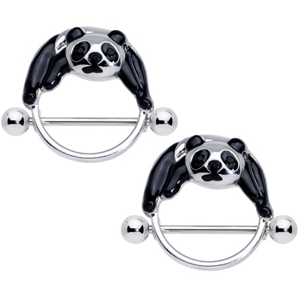 Body Candy 2Pc 14G Nipplerings Piercing Women Steel Black Panda Bear
