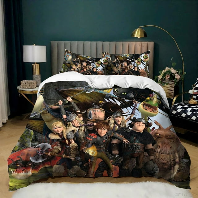 Duvet Cover Set 3 Pcs,Lightweight Comforter Set Classic Graphic Bedding Set Soft Train Your Dragon All-Season Quilt Cover
