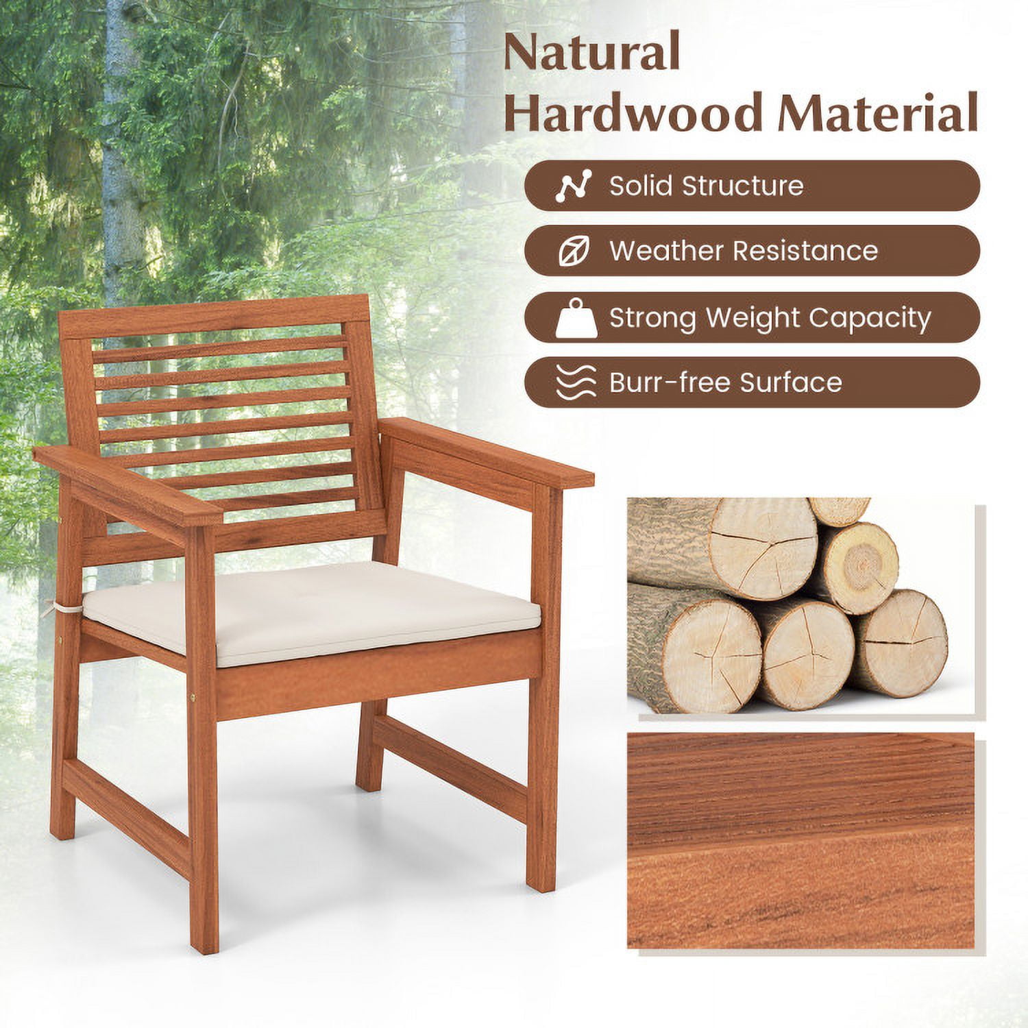 Aimee Lii Set of 2 Patio Solid Wood Dining Chairs with Cushions and Slatted Seat, Outdoor Patio Set