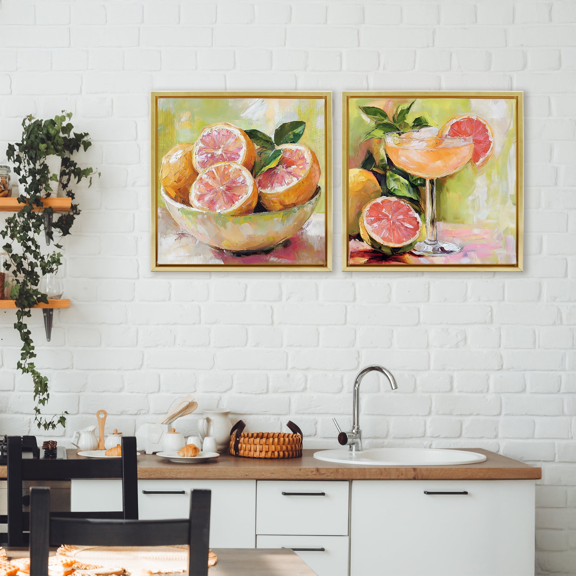 Stupell Industries Grapefruit Bowl & Cocktail 2 Piece Gold Framed Floater Canvas Set, design by Riley B