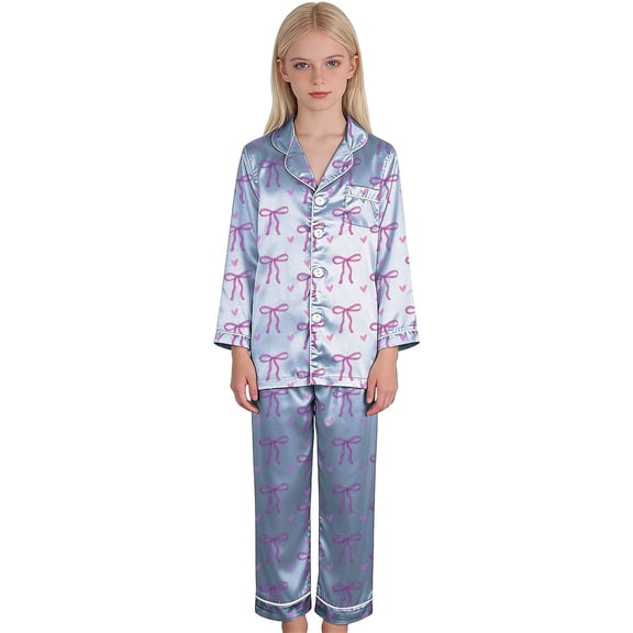 Silk Pjs for Girls Valentines Day Pajamas Long Sleeve Bow Print Button Down Sleep Shirt 7-8 Years Boys Pajamas