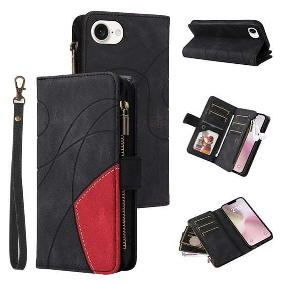 for iPhone 16e Wallet Phone Case with 9 Card Holder Zipper Pocket, Magnetic Closure Premium Folio PU Leather Flip Case with Wrist Strap for iPhone 16e 6.1inch,Black,For iPhone 16e