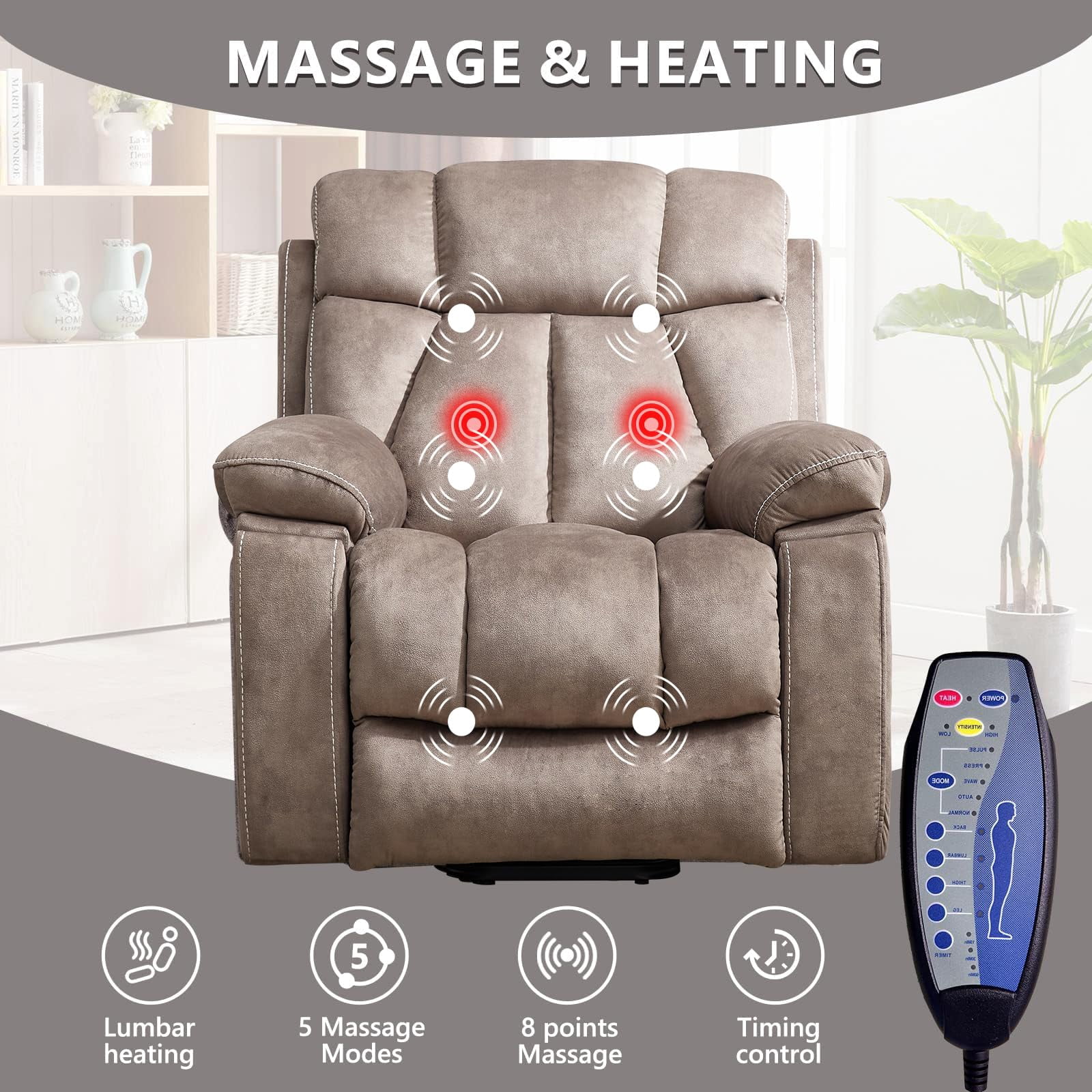 Ebello 40.5" Wide Extra Large Microfiber Electric Heated Massage Lift Recliner Living Room Chair with Cup Holder & USB, Light Brown