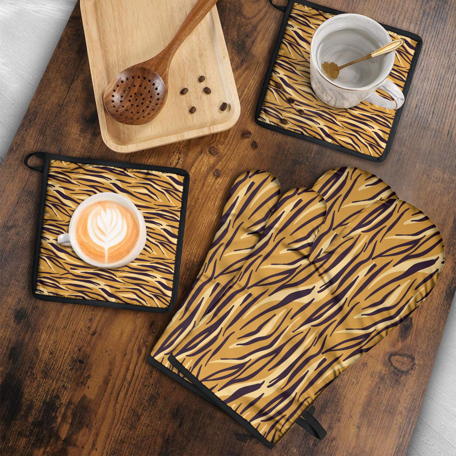 Leopard Print Oven Mitts and Pot Holders Set Of 4, Heat Resistant Kitchen Gloves with Non-Slip Grip, Hanging Loop, Soft Cotton Lining for Baking, Cooking, Grilling, Barbecue