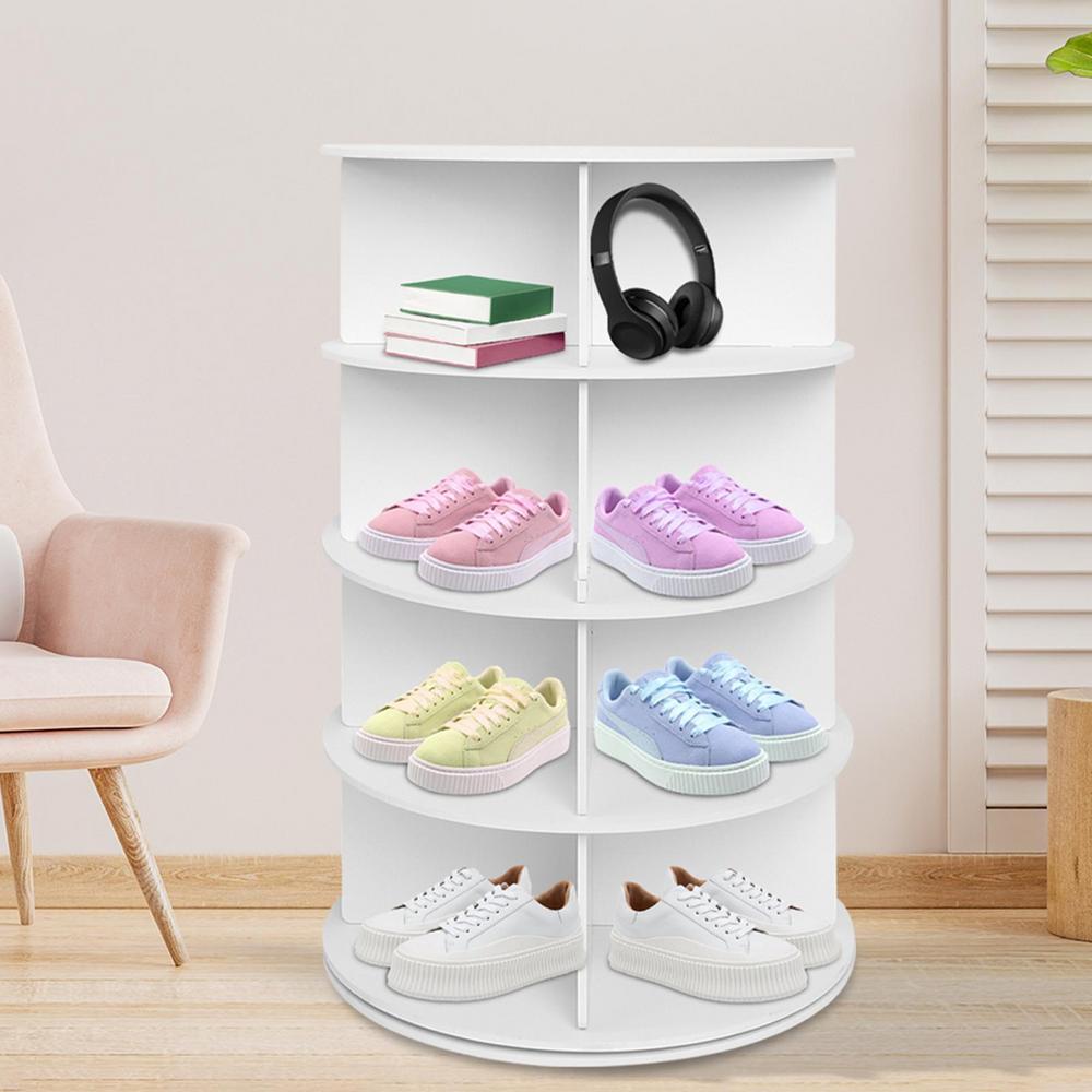 Mulaxen Shoe Rotating Organizer 4-Tier Vertical Rotating Shoe Storage Shelf Shoe Organizer Tower Shoe Carousel Round Shoe Rack for Closet Entryway Corner Garage physical