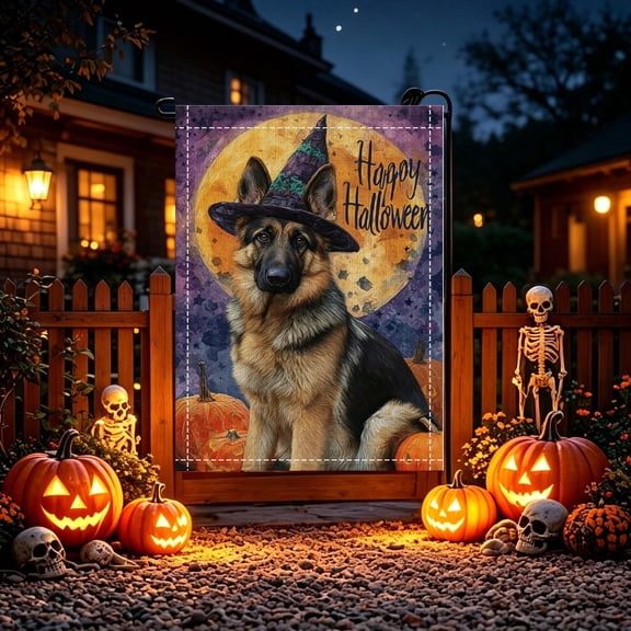Vintage German Shepherd Witch Hat Pumpkin Halloween Garden Flag, Front Porch Decor for Dog Lovers, No Flagpole, Halloween Gift
