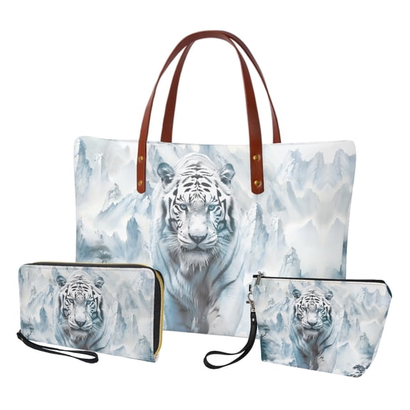 ZUXONGSY White Tiger Snow Mountain Print Top Handle Bag with Waterproof Cosmetic Bags Purse for Women PU Leather Top Handle Satchel Set with Large Capacity Makeup Pouch Slim Wallet for Business