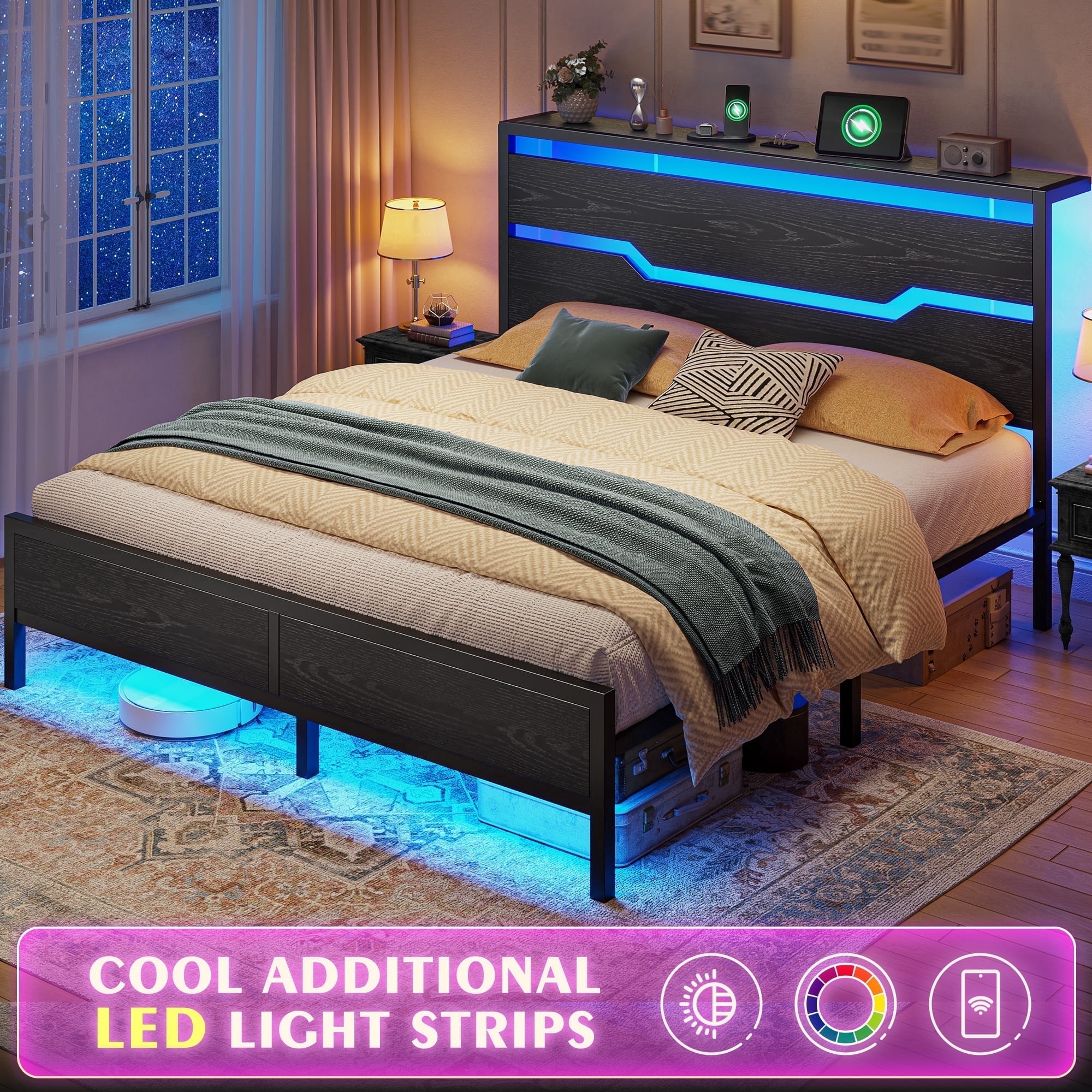 EnHomee Queen Size Metal Bed Frame with Storage Metal Bed Frame with Headboard & Charge Station & LED Lights & 13" Under-Bed Storage, Black