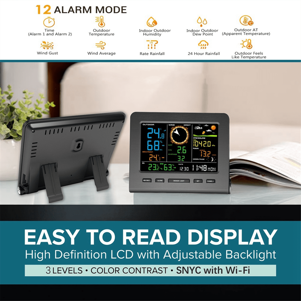 HOT 5-in-1 Wi-Fi Weather Station Display &Wind Speed and Direction Rainfall Forecasts Temperature Humidity US PLUG
