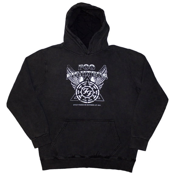 Foo Fighters Unisex Stone Wash Pullover Hoodie Sweatshirt Everything Or Nothing At All Logo (Charcoal Grey)