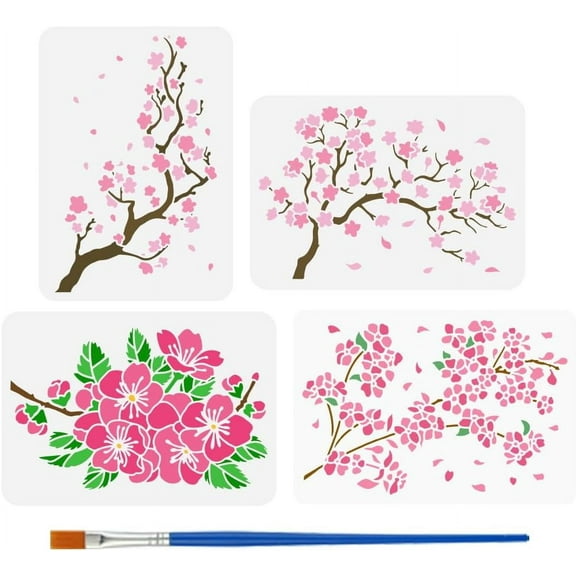 4 PCS Cherry Blossoms Stencils 8.3x11.7inch with Bamboo Brush Hollowed Flowers Plants Templates Plastic Cheery Tree Branch Stencils Flower Leaf Pattern Templates Plant Theme Stencils