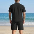 thumbnail image 4 of HBGVBA Men Solid Color Casual Vintage Linen Elastic Waist Shorts Button Stand Collar Pocket Short Sleeve Shirt 2 Piece Beach Set, 4 of 5