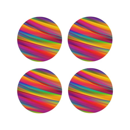 

Coasters Set of 4 - Lines Multicolored Rainbow Drink Coasters for Tabletop Protection Leather Coasters for Living Room Decor and Housewarming Gift Round Shape