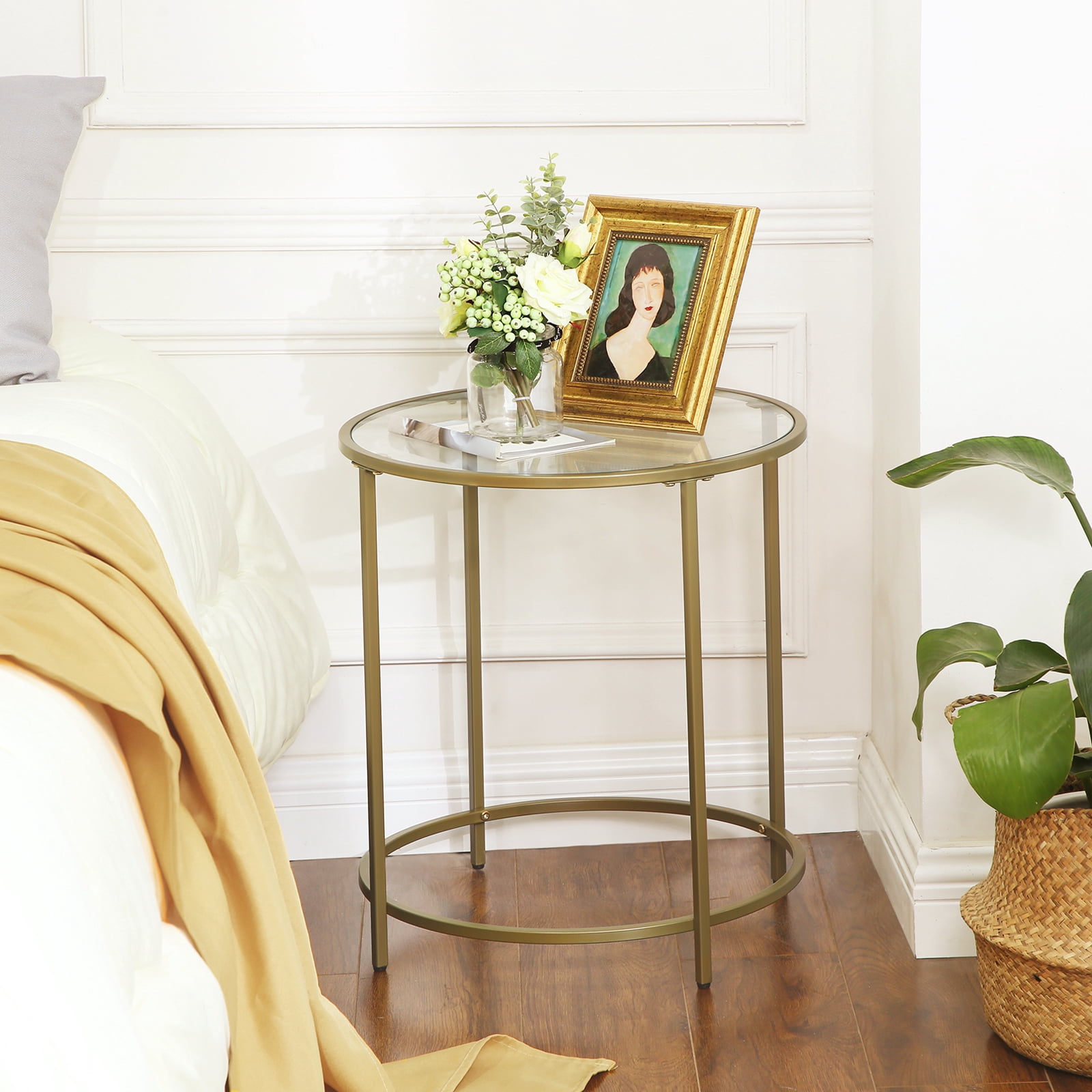Round End Table Gold Side Table Nightstand with Metal Frame Coffee Table for Living Room Bedroom Gold
