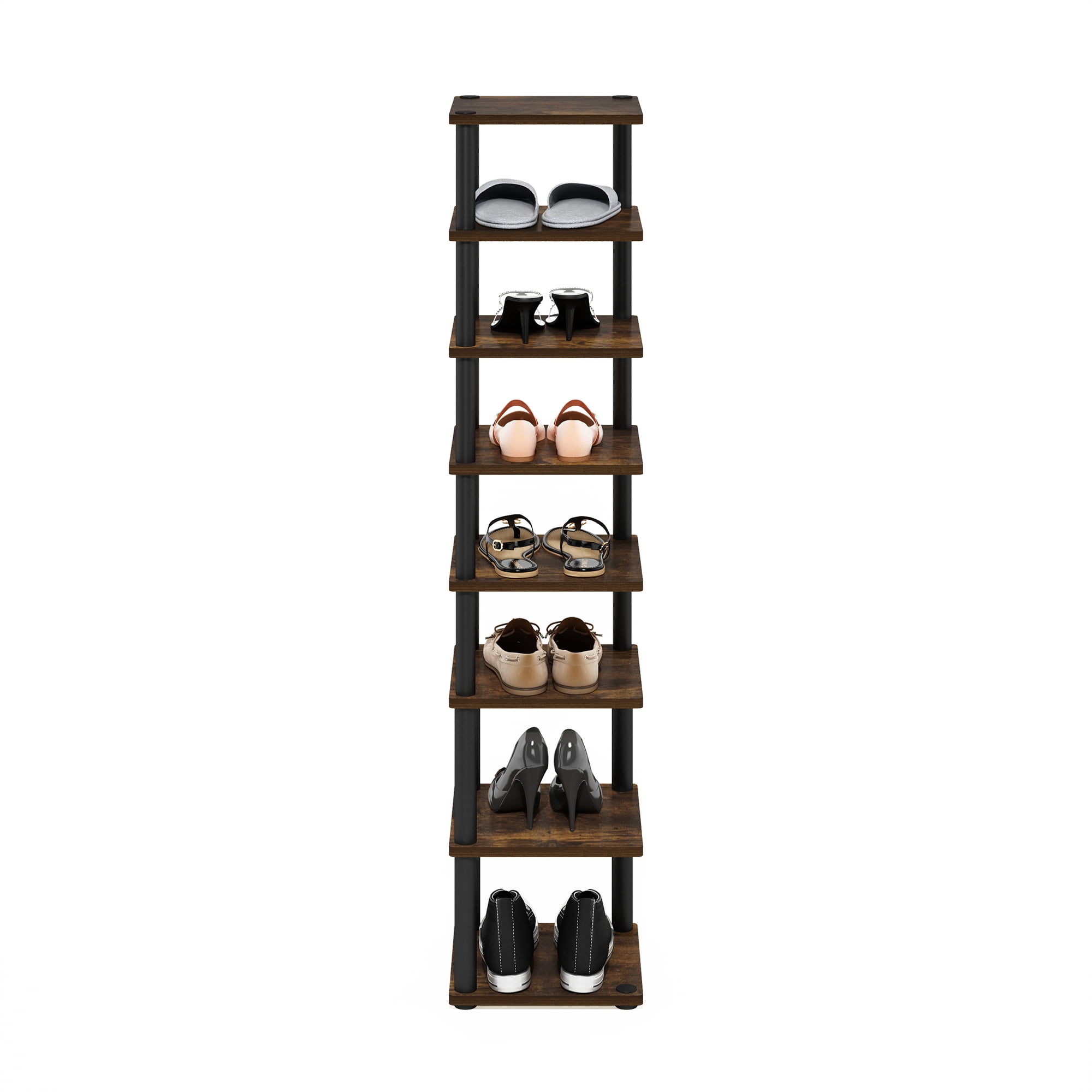 Furinno Turn-N-Tube 8-Tier Vertical Space Saving Free Standing Shoe Tower, Shoe Rack for Closet Entryway, Amber Pine/Black