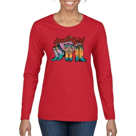 Wild Bobby Dazzling Girl Western Print Cowgirl Boots Vintage Letters Pop Culture Women Graphic Long Sleeve Tee  Red  Small
