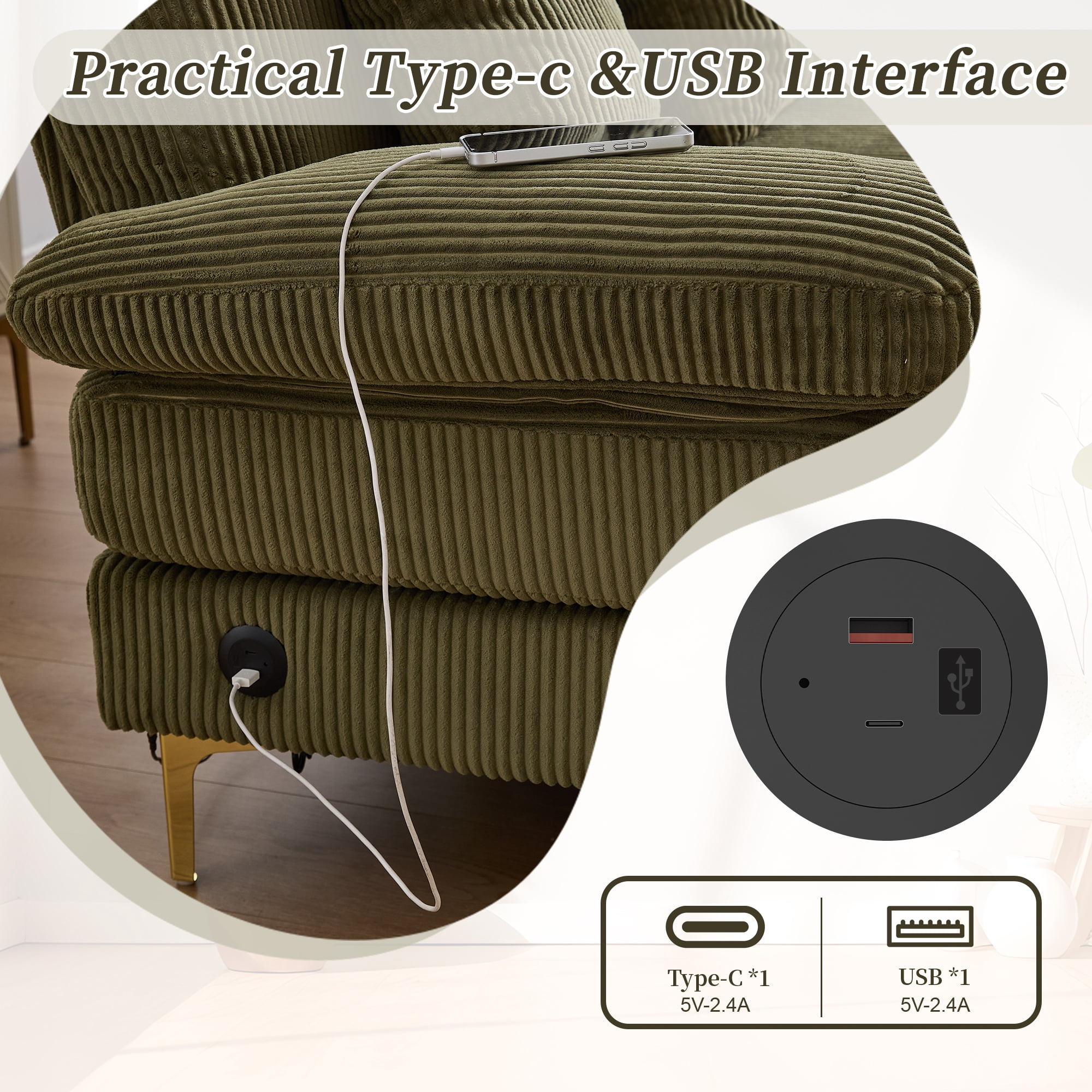 Homefun U-Shaped Corduroy Sectional Sofa 4-Seat with 2 Chaise Large Couches with USB Intelligent Lighting