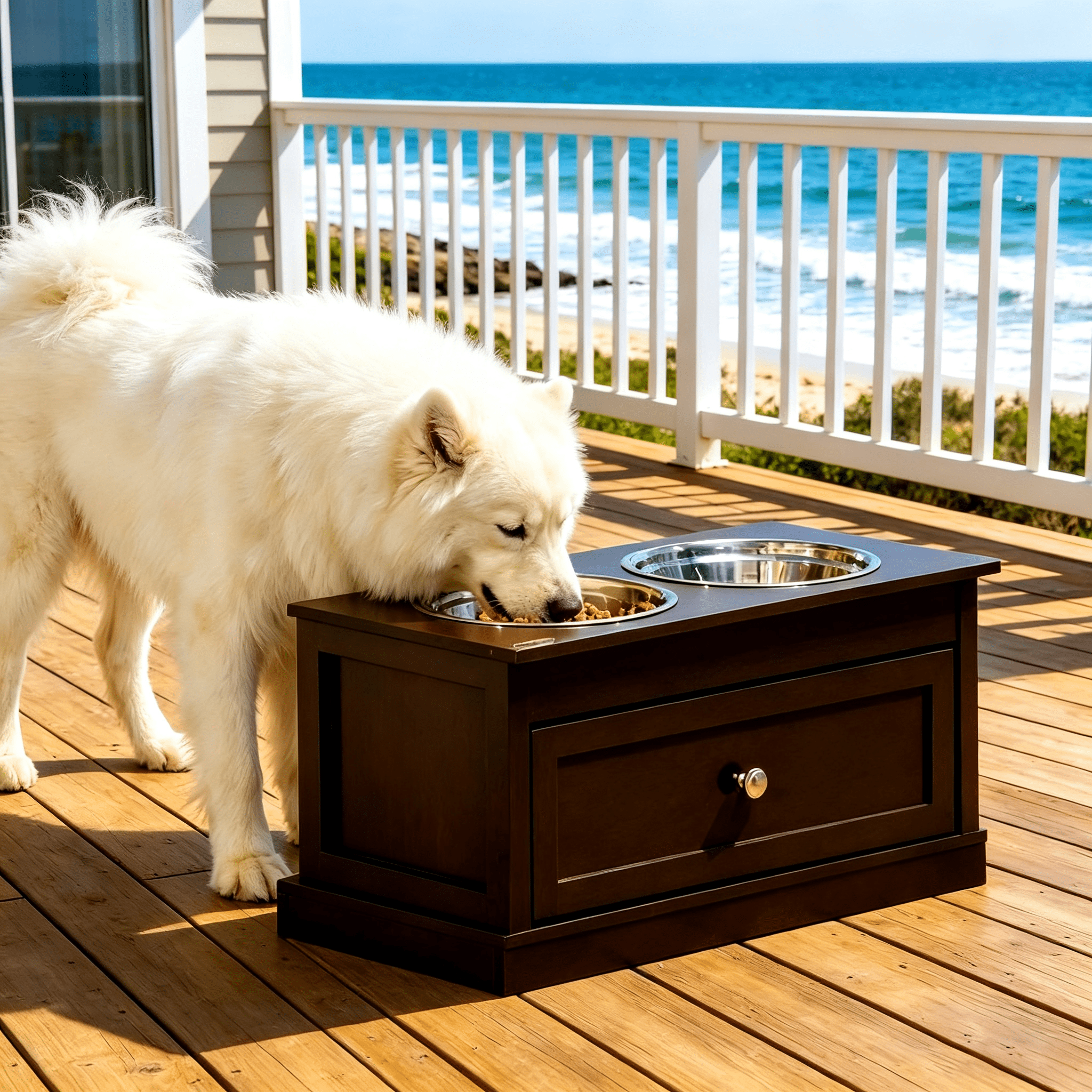 Elevated Dog Bowls with Storage Drawer, Raised Pet Feeder Station with Dishwasher Safe Stainless Steel Bowls, Modern MDF Feeding Stand in Espresso Brown for Large Dogs