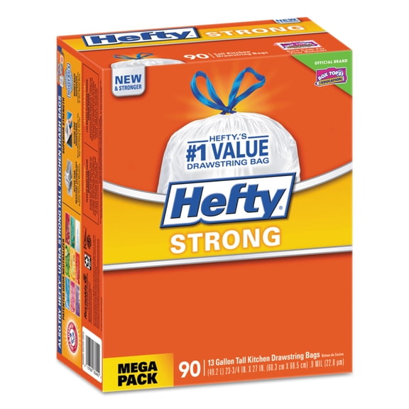 Hefty Strong Tall Kitchen Drawstring Bags, 13gal, .9 mil, White, 90/Box