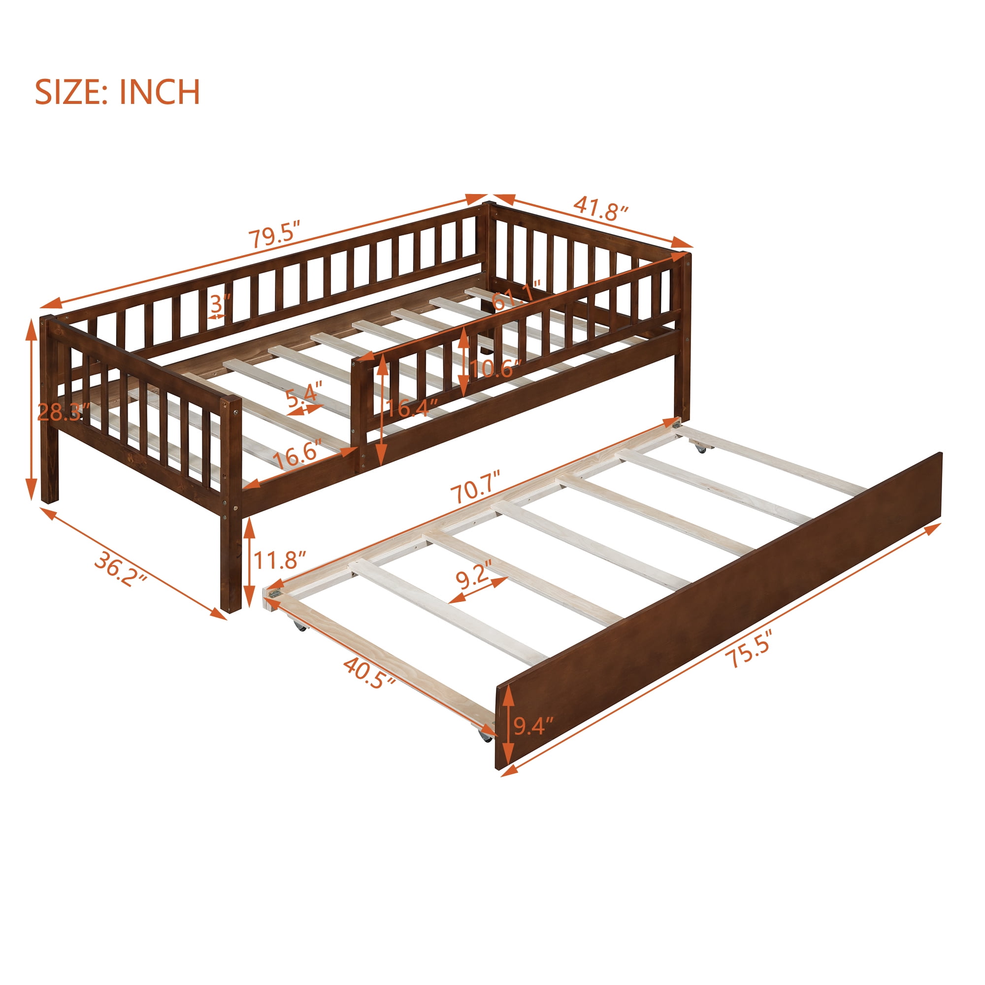 Holaki Twin Size Wood Bed with Trundle and Guardrails for Kids, Walnut