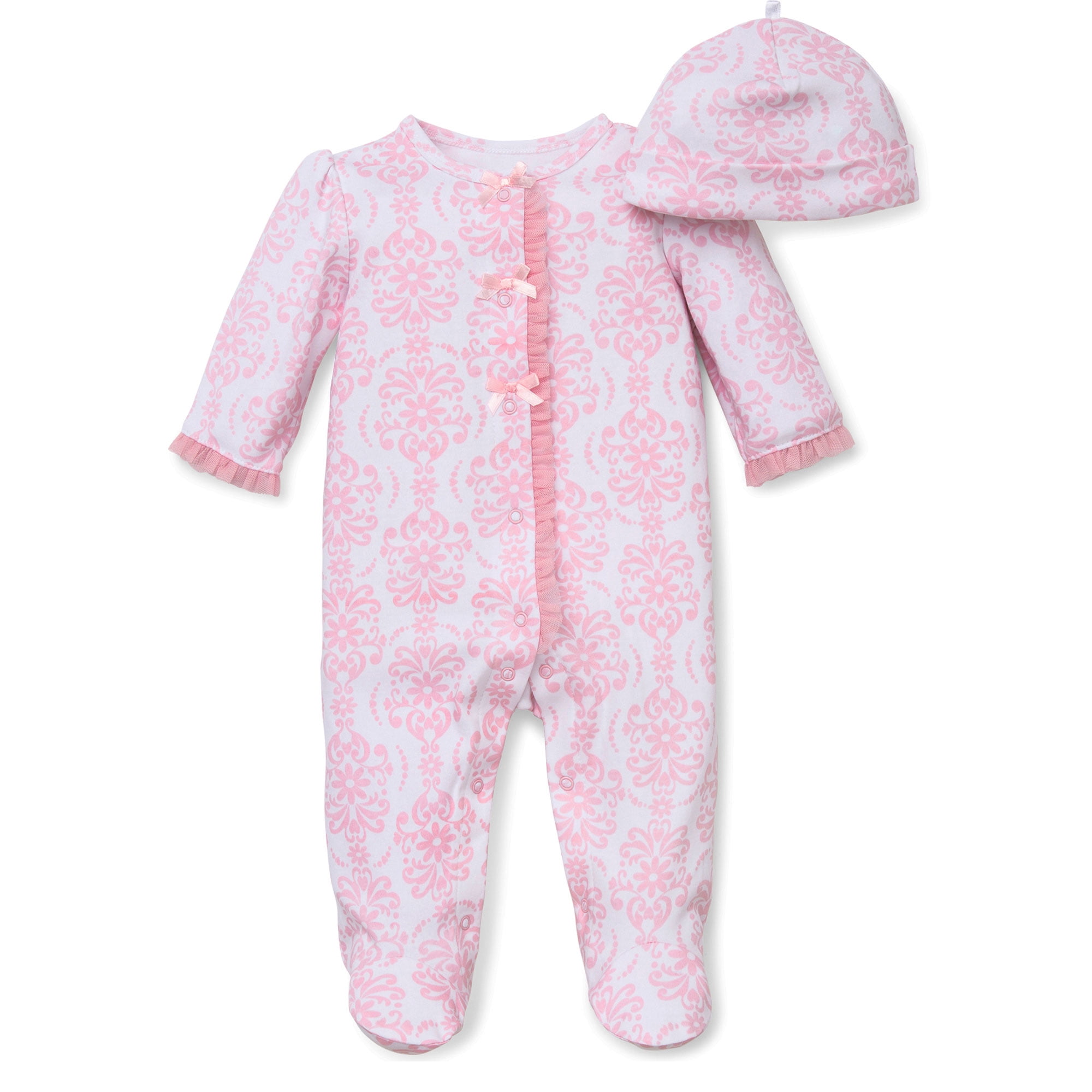 LTM Baby Baby Girls Damask Snap Front Footie Pajamas with Hat For Baby Girls Sleep N Play One