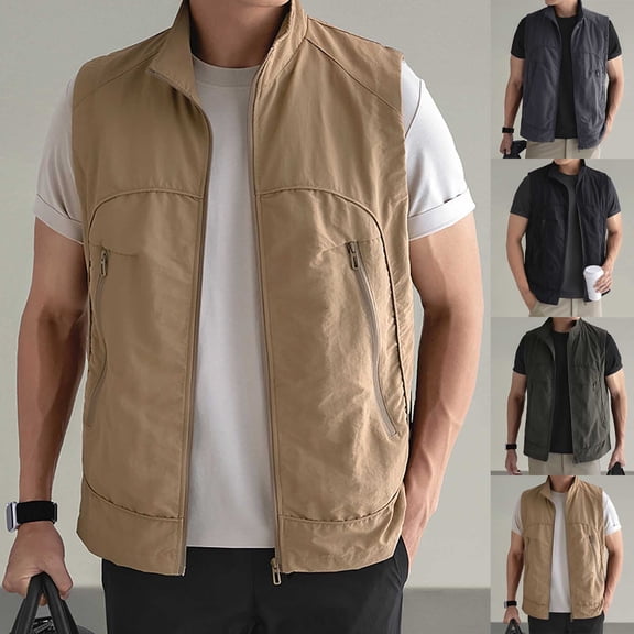 YFNNUP Big and Tall Men's Golf Vest Lightweight Casual Sleeveless Jacket Outerwear Windproof Water Resistant Grid Lining Vests with Zipper Pockets Khaki,L