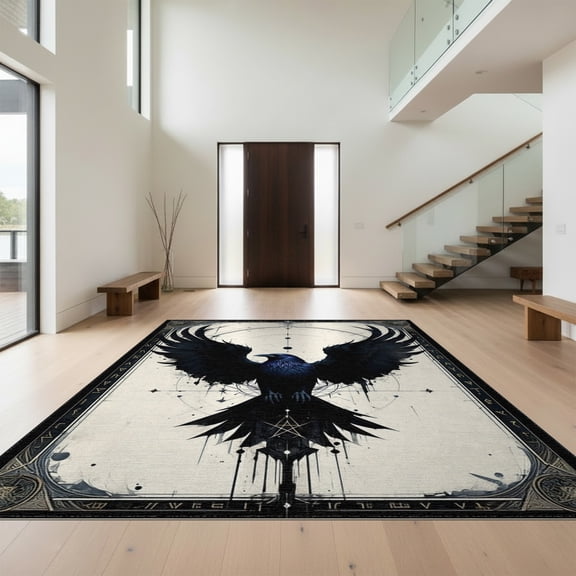 Design&I 8'x10' Washable Area Rug Crow Runes Witchy Raven Norse Gothic Motifs Doormat Pentagram for Living Room, Family Extra Large Skid-Resistant Low Profile