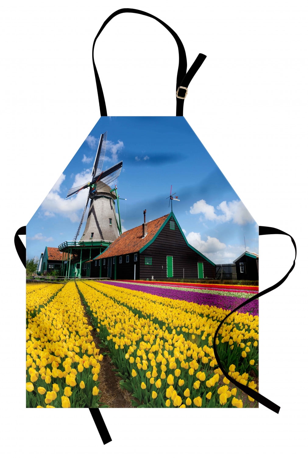 Windmill Apron Rustic Dutch Landscape with Colorful Yellow Tulips in