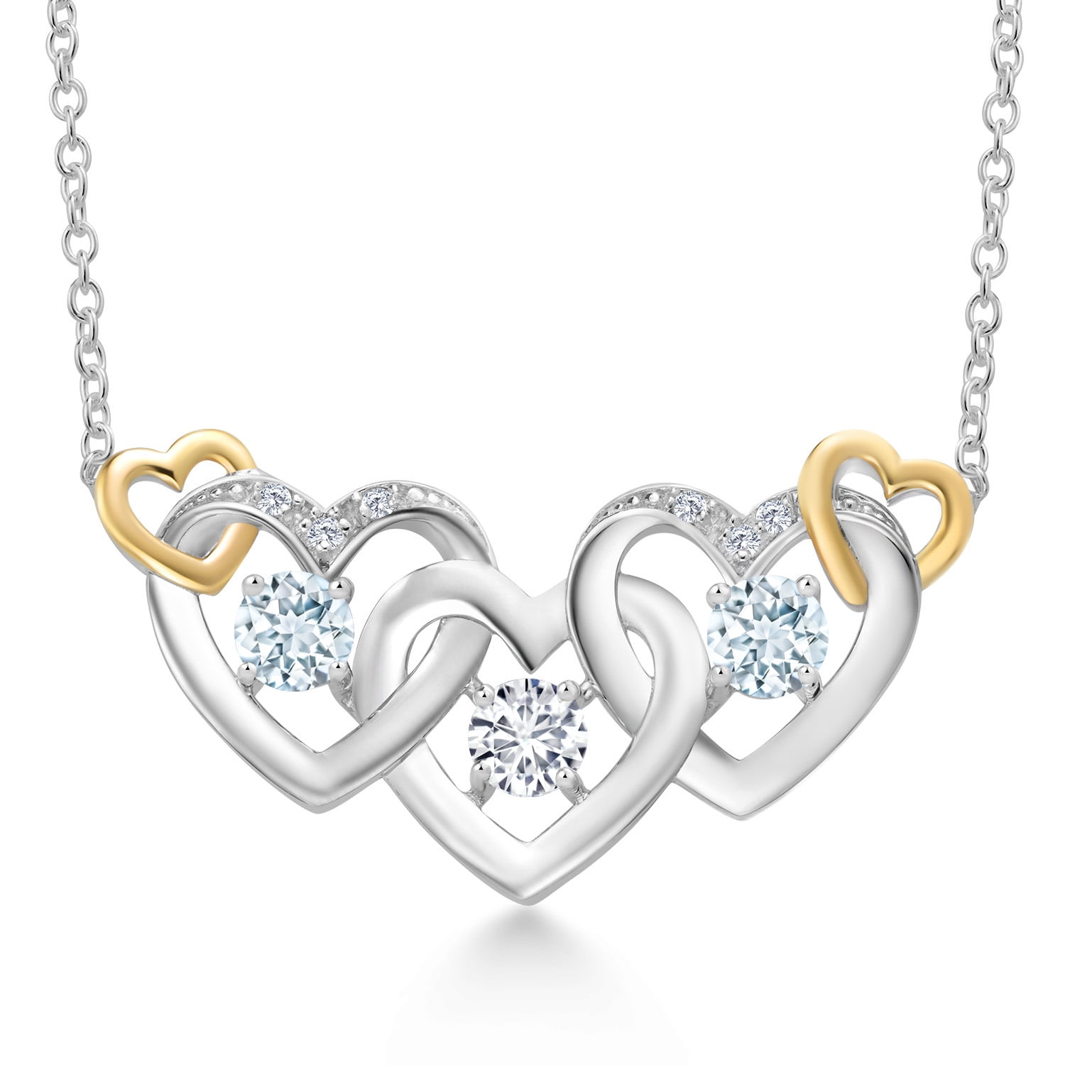 Gem Stone King 925 Silver and 10K Yellow Gold White Lab Grown Diamond and Sky Blue Aquamarine Heart Shape Pendant Necklace for Women (0.83 Cttw, with 18 inch Chain)