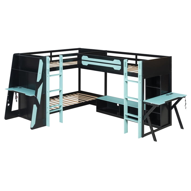 L-Shaped Twin Size Gaming Bunk Bed with RGB LED Lights, 3 Twin Beds, USB Ports, TV Stand & Storage Shelves, Reversible Wooden Bunk Bed Frame for Teens & Adults