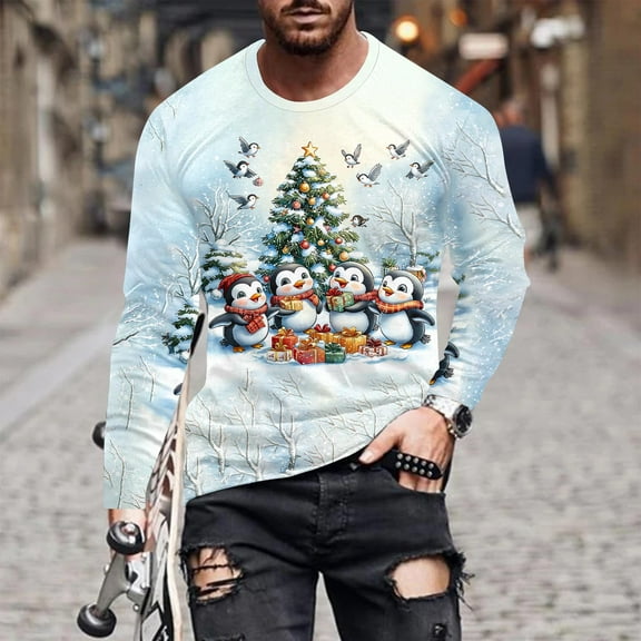 Hipattires Mens Christmas Tops Big and Tall Tops Pullover Plus Size Graphics Tees Round Long Sleeve Holiday Shirts for Men
